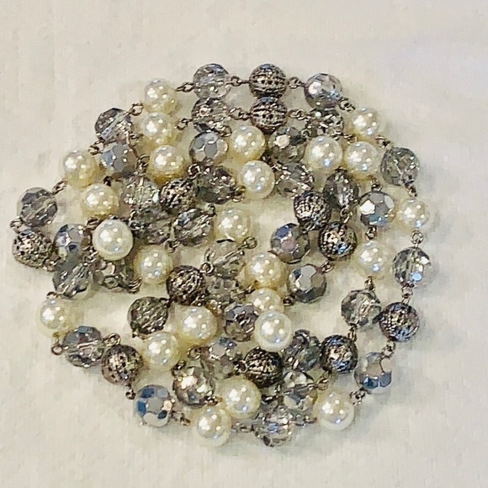💐5/25 long glass beaded silver tone gray balls beads